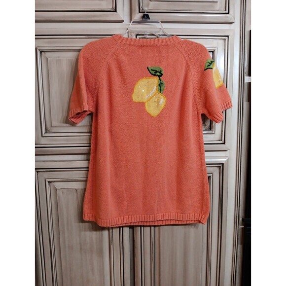 The Quacker Factory Lemon Embroidered Orange Knit Short Sleeve -  Shirt Small - Picture 6 of 6